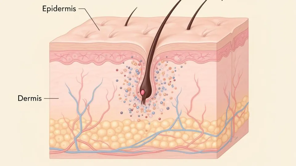 Querschnitt der Hautschichten mit Pigmentpartikeln – Anatomie bei Permanent Make-up
